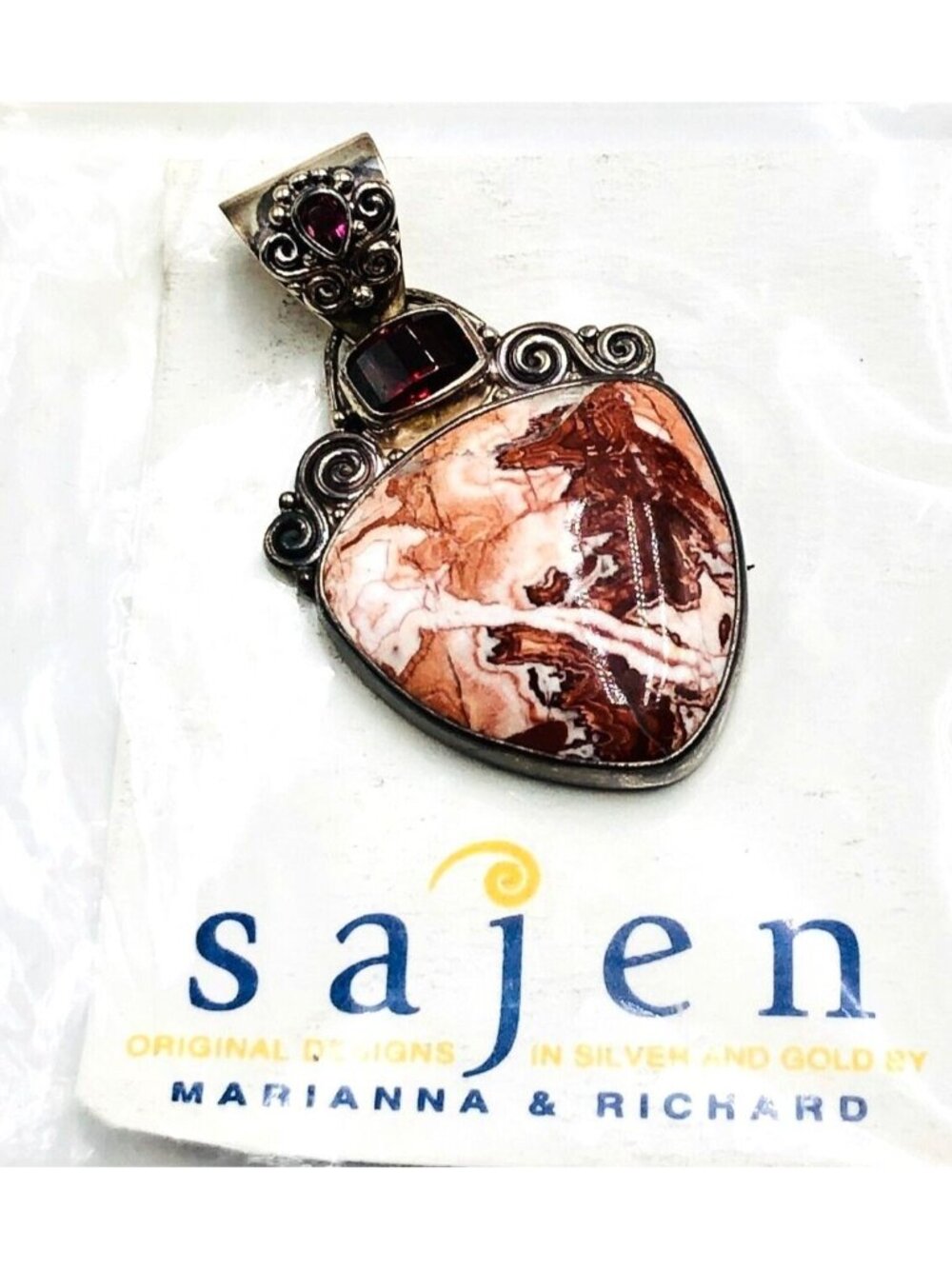 SAJEN Pink Rhodochrosite Red Garnet  Gemstone Sterling Silver 2 Inch Pendant